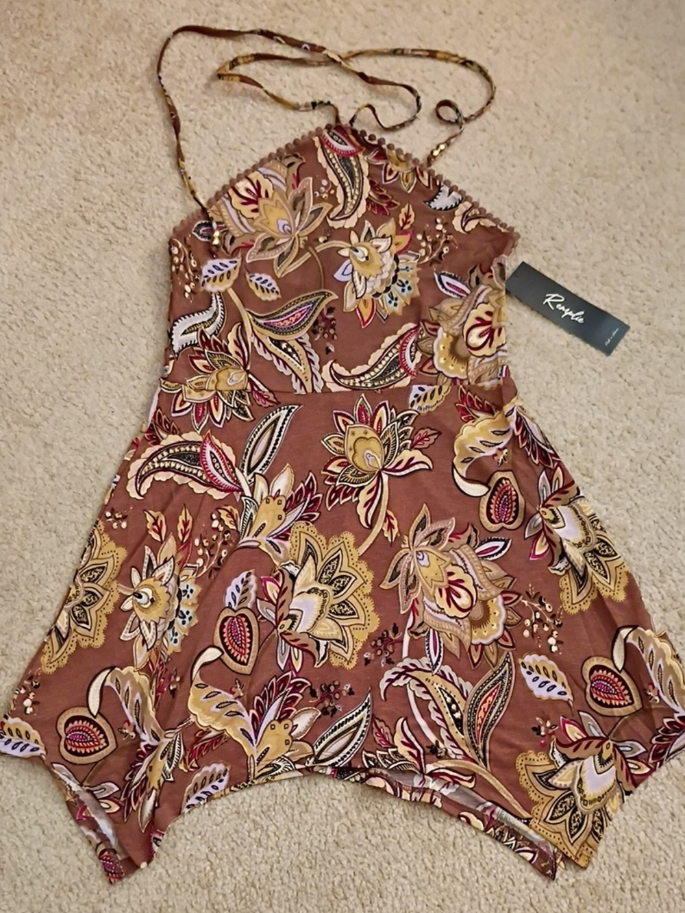 NWT Remplie Floral Asymmetrical Halter Top  with Brown & Gold Accents Size Med